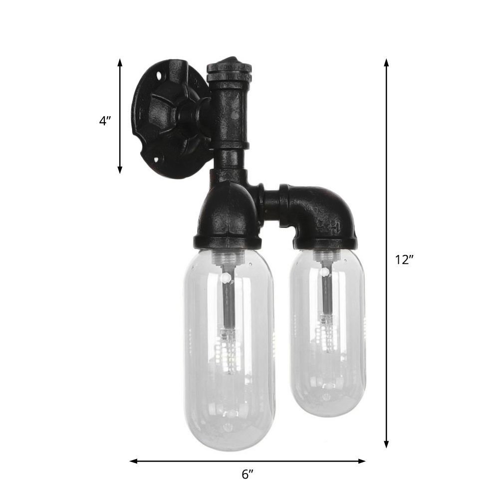 Capsule Shade Bedroom Wall Light Fixture Industrial Metal 2 Lights Black Sconce Lamp with Pipe Design