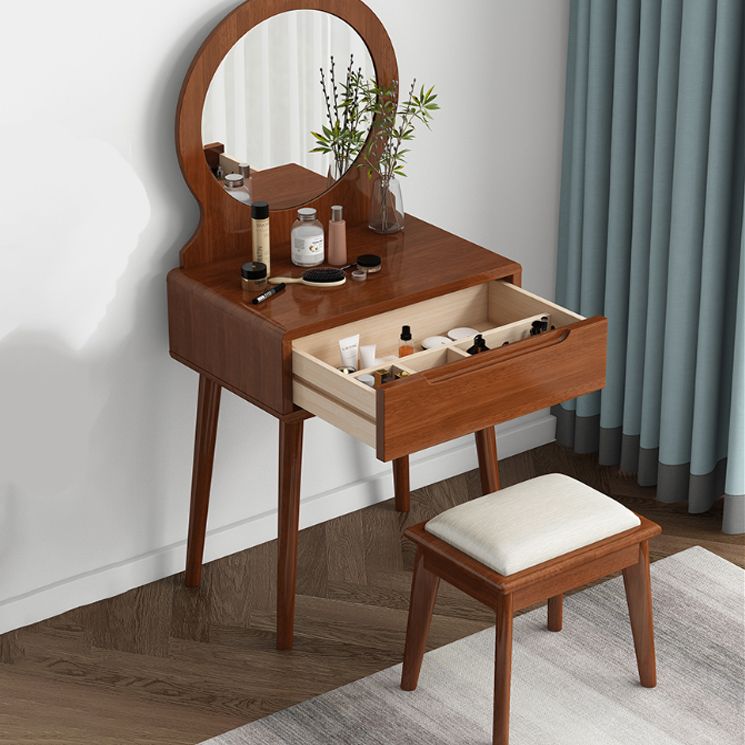 Scandinavian Solid Wood Dresser 1-Drawer Vanity Table with Stool and Mirror