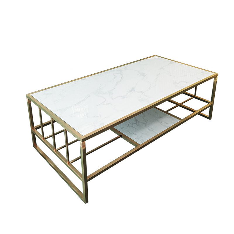 Glam Rectangle Coffee Table with Golden Sled Base and Storage Shelf