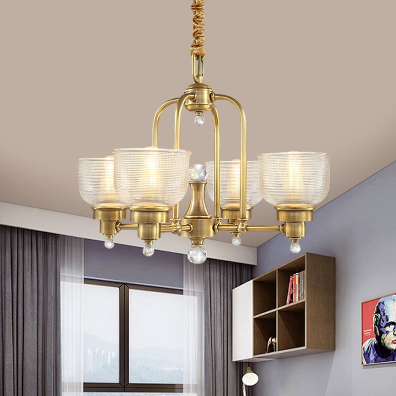 Prismatic Glass Gold Hanging Chandelier Bowl Shade 4/6-Light Colonialist Metal Suspension Pendant Light for Kitchen