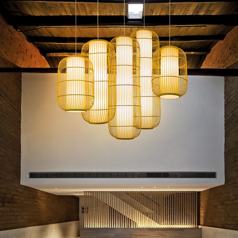 Beige Elongated Oval/Barrel Drop Pendant Asian 1-Light Bamboo Ceiling Hanging Lantern, 16"/19.5"/31.5" Height