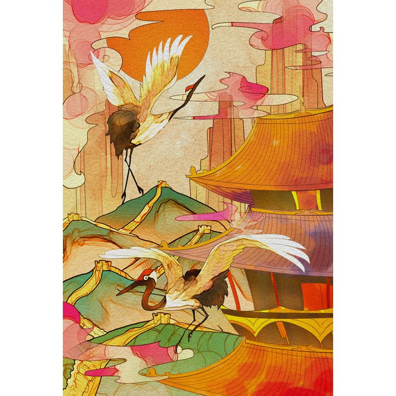 Orange Chinoiserie Wall Paper Mural Large Halcyon and Temple Scenery Wall Decor for Bedroom