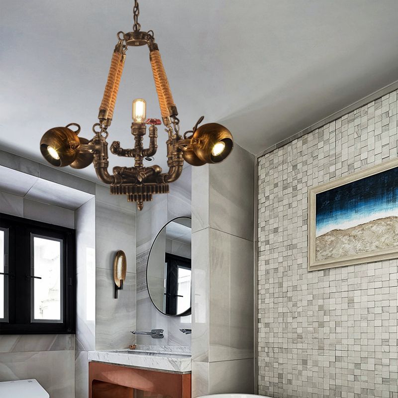 5 Lights Ball Chandelier Lighting with Global Shade Retro Bronze Metal and Rope Hanging Pendant for Bar