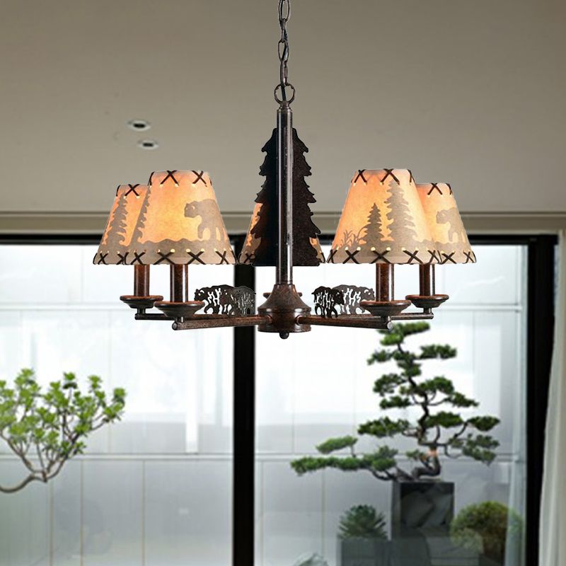 Cone Metal Chandelier Lighting Fixture Rural 5 Heads Dining Room Hanging Ceiling Light in Black with Beige Fabric Shade