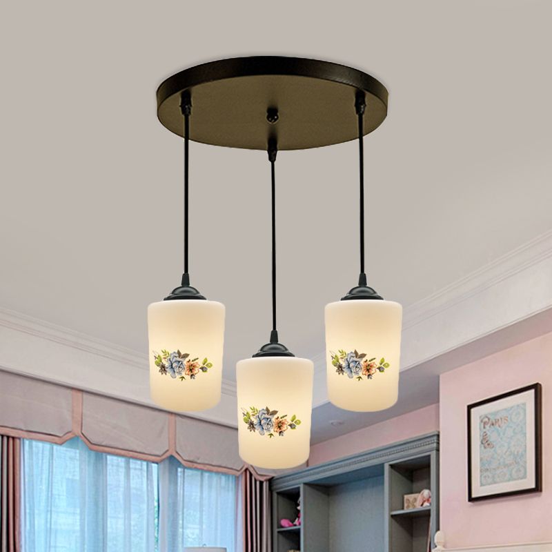 Cylinder Dining Room Multi Ceiling Light Modern White Printed Glass 3-Head Black Hanging Pendant with Linear/Round Canopy