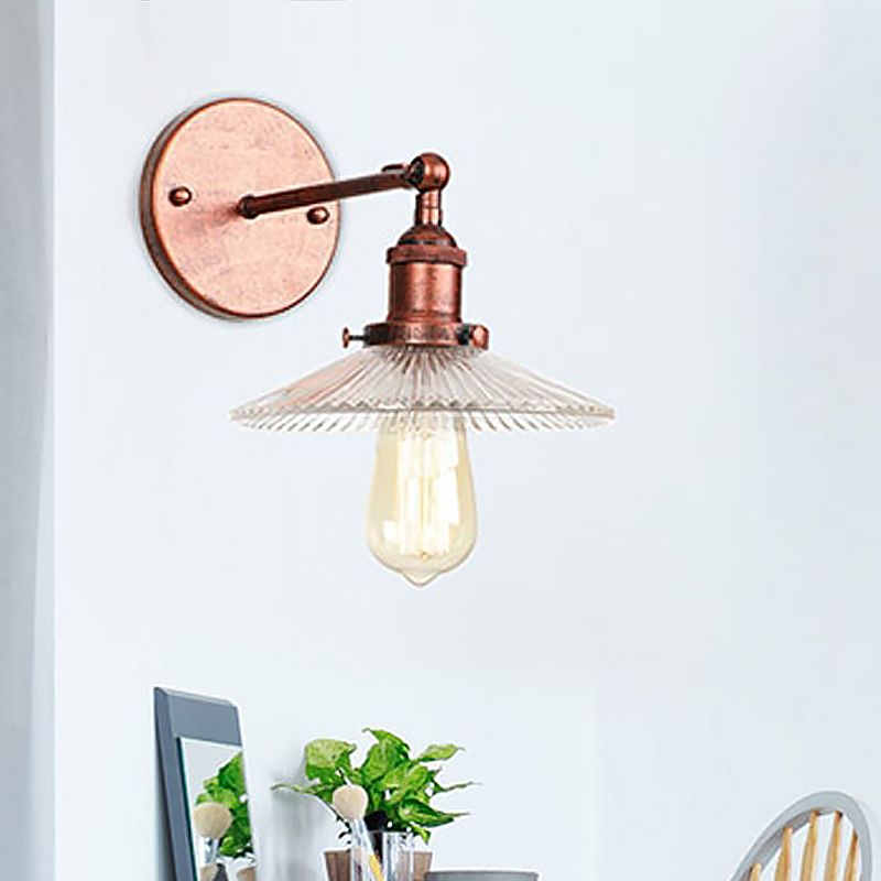 1 Light Scalloped Sconce Light Fixture Rustic Style Copper Ribbed Glass Wall Lamp for Dining Table
