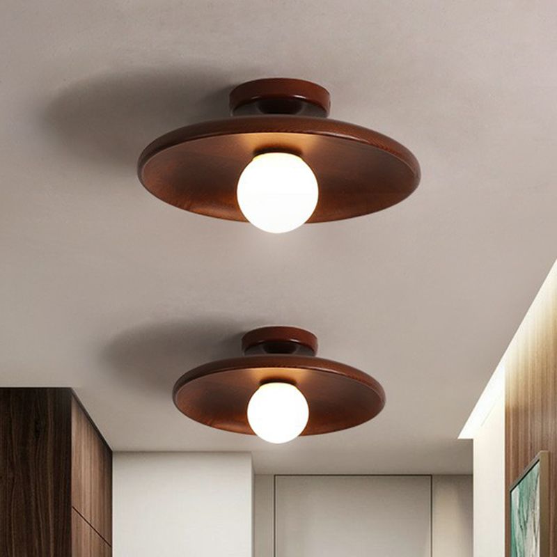 Shallow Bowl Shaped Ceiling Lamp Minimalist Wooden 1 Head Aisle Semi Flush Mount Light