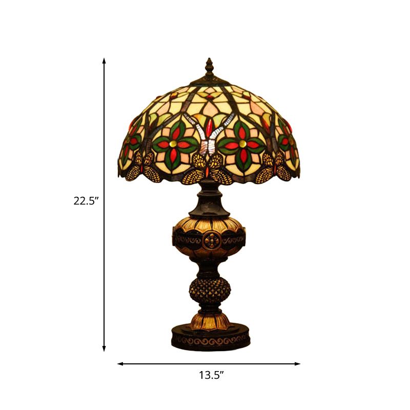 Flower Night Table Lighting 1 Head Stained Art Glass Victorian Bowl Desk Lamp in Beige/Orange with Oval Base
