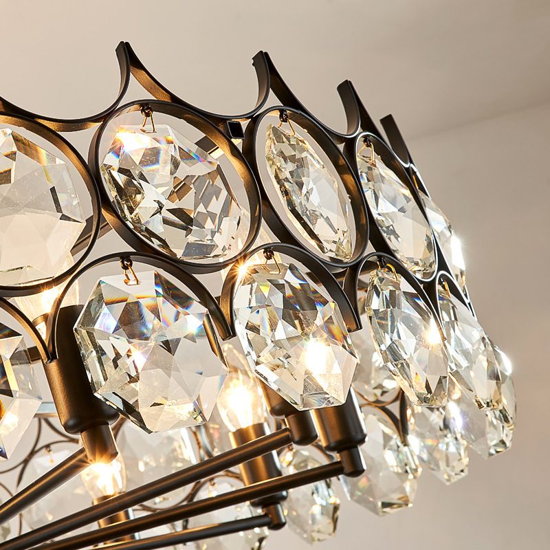 Black Circle Pendant Chandelier Country Clear Crystal Living Room Suspension Light with Sputnik Design
