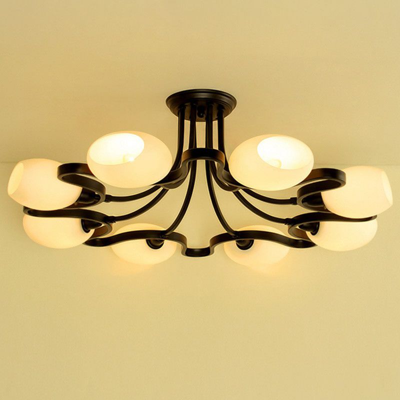 Black Semi Flush Light Rustic Cream Glass Bell Flush Mount Ceiling Chandelier for Living Room