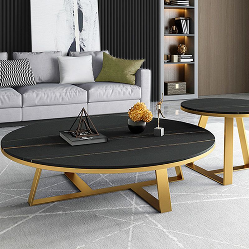 Glam Oval Stone Top Coffee Table with Iron Cross Base 17.71" High