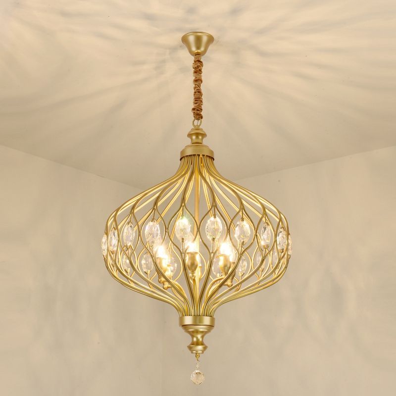 Modern Lantern Metal Pendant Light 4/5 Light Chandelier Light in Black/Brass with Faceted Crystal Accent