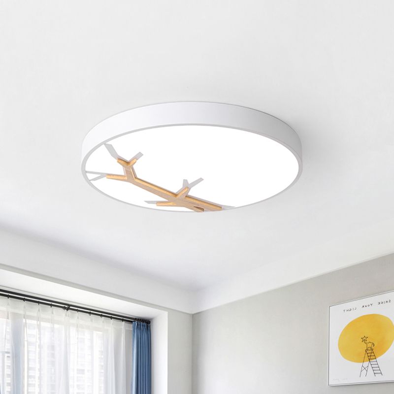 Nordic Round Iron Flushmount LED Ceiling Lighting with Withered Branch Pattern in Grey/White/Blue-Wood