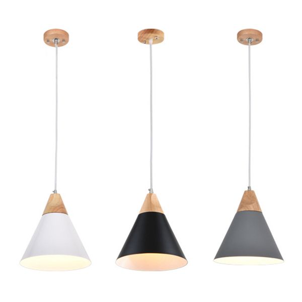 Modern Nordic Macaron Pendant Light Wooden Tapered Hanging Lamp with Wrought Iron Shade