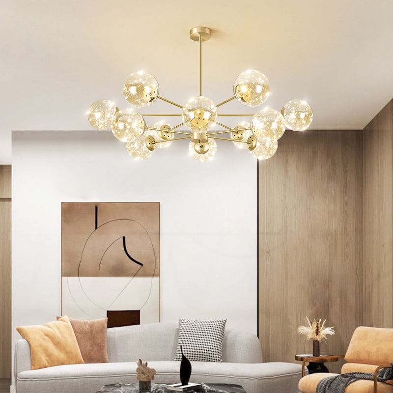 Radial LED Chandelier Light Contemporary Metallic Living Room Pendant Light with Globe Clear Glass Shade in Gold