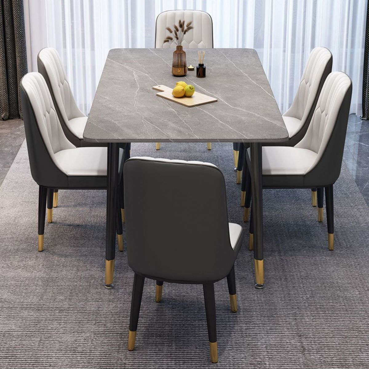 Contemporary Home Sintered Stone Scratch Resistant Dining Table Rectangle Table with 4 Legs Base