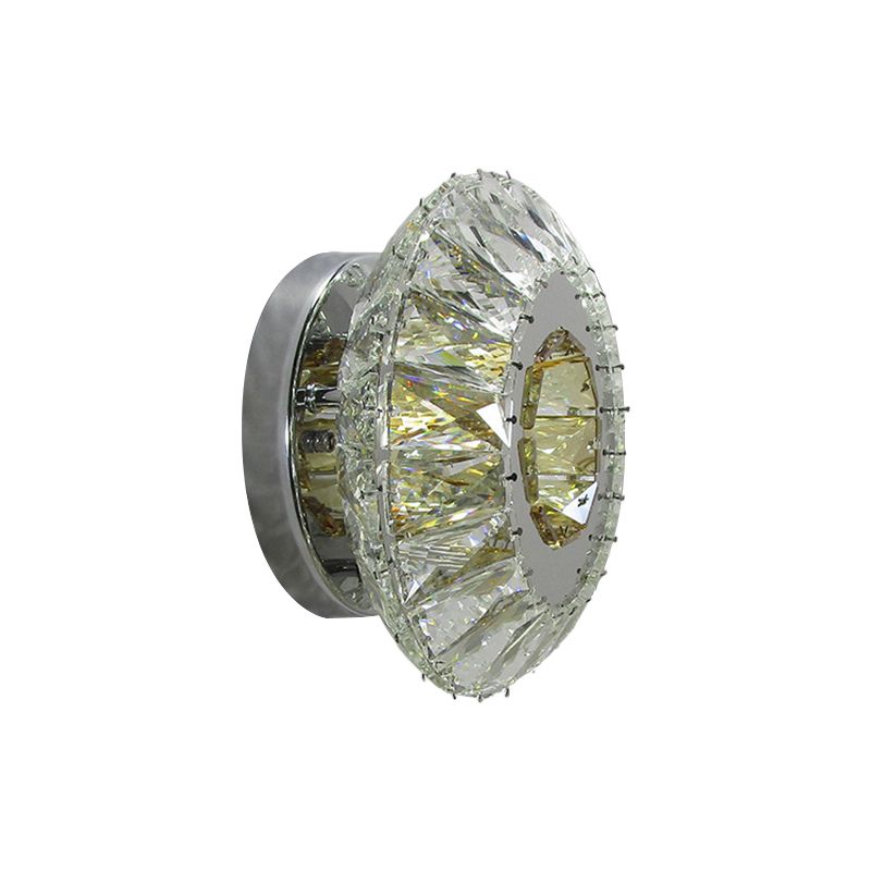 Faceted Crystal Round Wall Mounted Lamp Contemporary LED Chrome Sconce in 3 Color Light