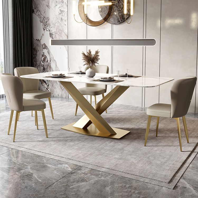Metal Traditional Luxury Rectangle Table White Sintered Stone Table with Pedestal