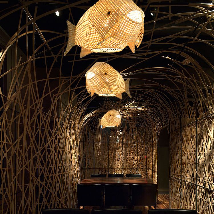 Bamboo Fish Shape Hanging Lamp Kit Contemporary Style Beige Hanging Pendant Light