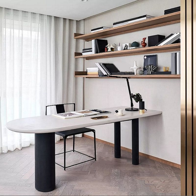 Free Form Modern Dining Table White Tone Fixed Table with 3 Legs for Dining Room