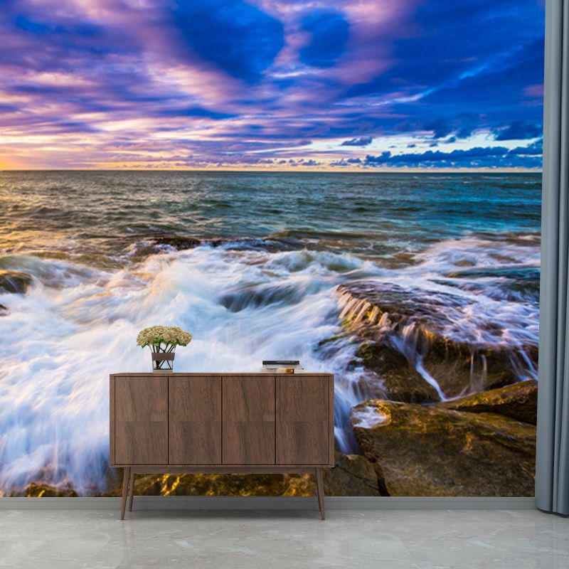 Waterproof Nightfall Sea Surge Mural Tropical Non-Woven Fabric Wall Art, Custom Print