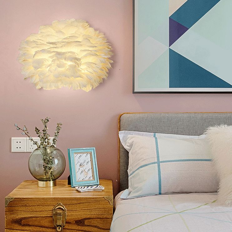 Nordic Simple Feather Sconce Light 1 light Romantic Wall Lamp for Bedroom