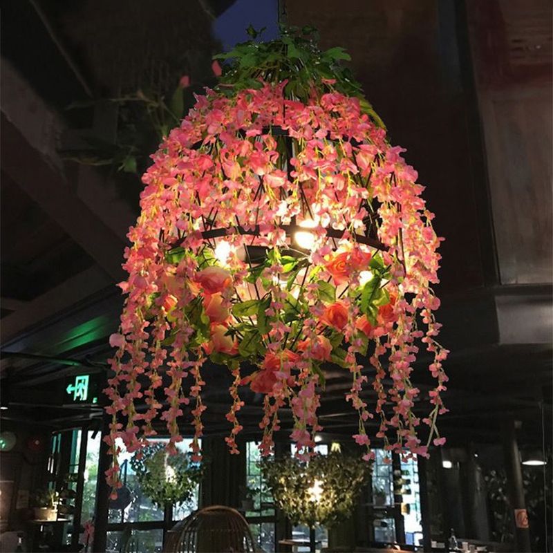 4 Heads Hanging Chandelier Industrial Restaurant Floral Pendant Light Kit with Wire Cage Metal Shade in Pink
