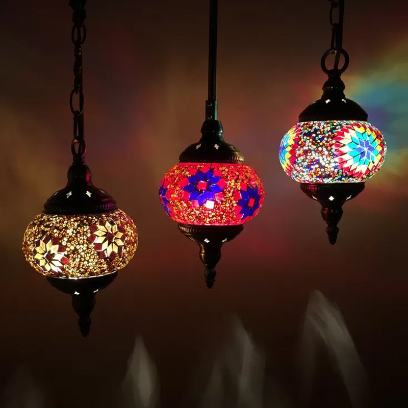 Traditional Oval Cluster Pendant Light 3 Heads Hand Cut Glass Hanging Light in Red/Yellow/Orange