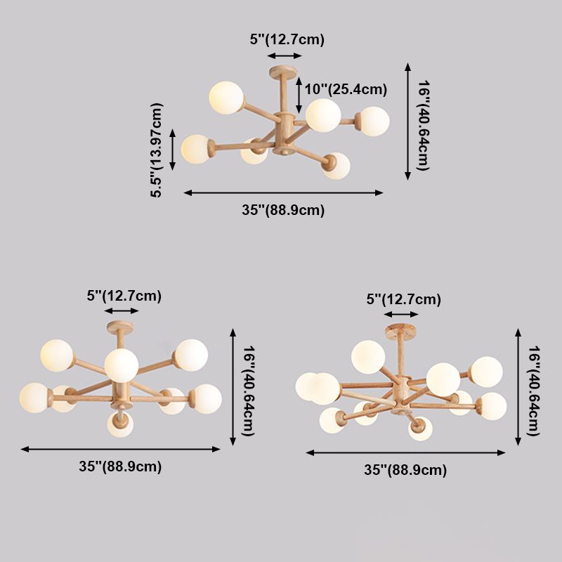 Wood Chandelier Nordic Style Pendant Lamp with White Glass Shade for Living Room