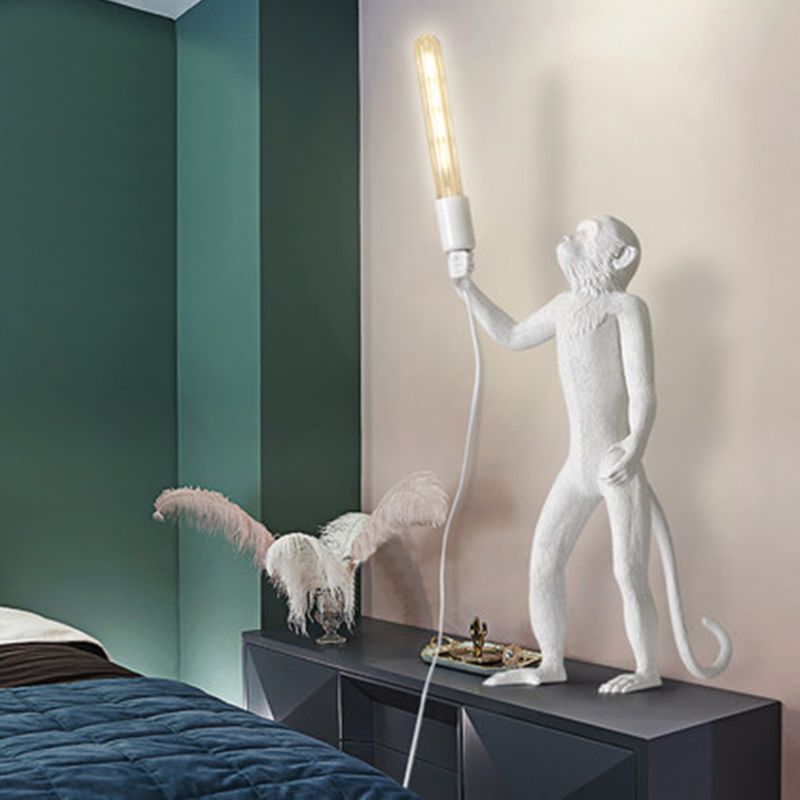 White Monkey Table Lamp Art Deco 1-Head Resin Nightstand Light with Shadeless Design