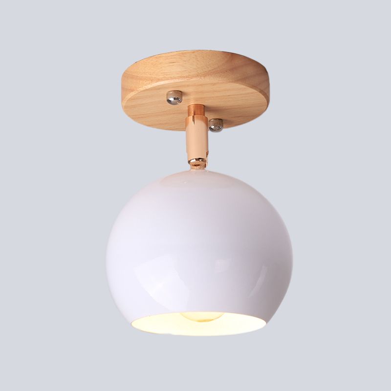 White/Green Ball Flush Mounted Light Simple 1-Bulb Adjustable Semi Ceiling Flush Mount with Round Wood Canopy