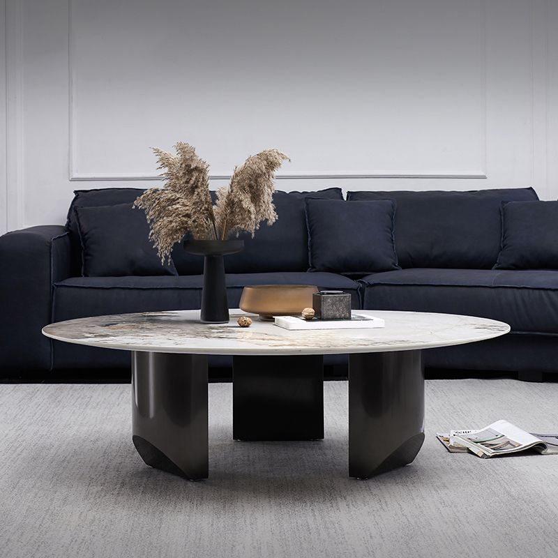 Stone Top Coffee Table with 3 Metal Legs 15.75 Inch High for Living Room