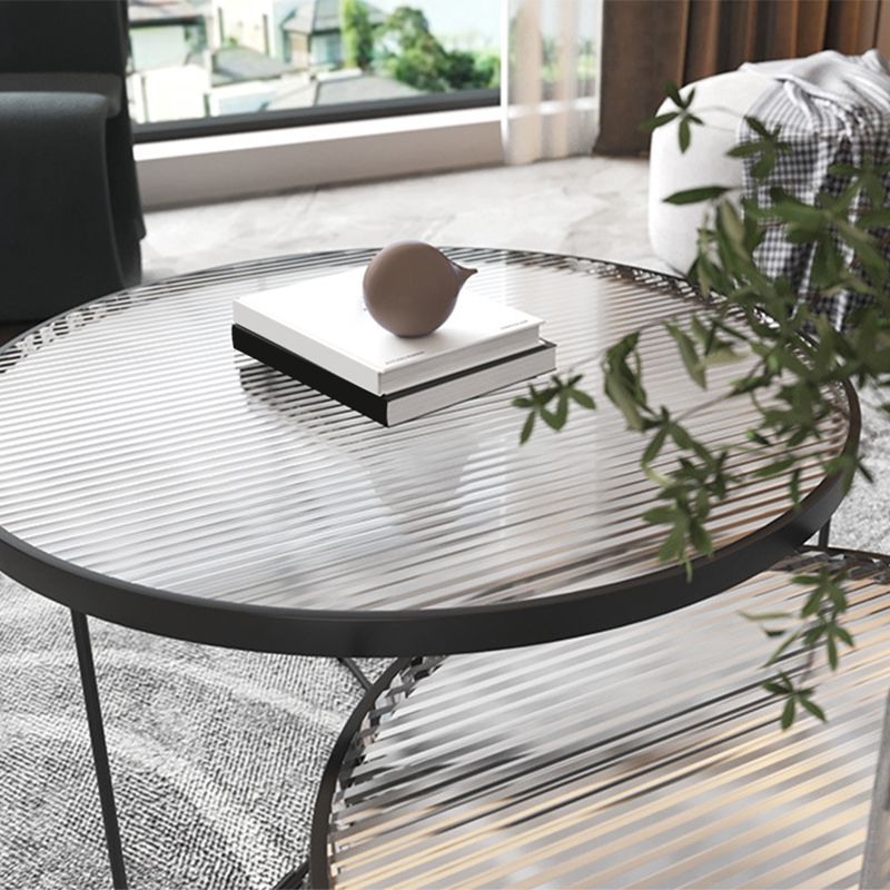 Contemporary Round Glass Top Metal Cross Legs Nesting Coffee Table