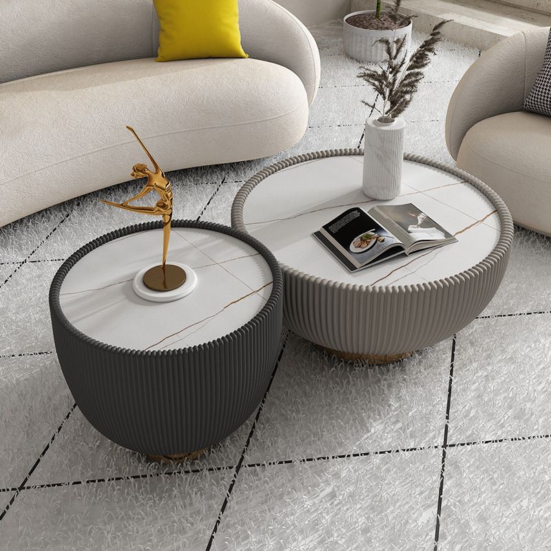 Luxurious Slate Round Pedestal Coffee Cocktail Table in White and Gray