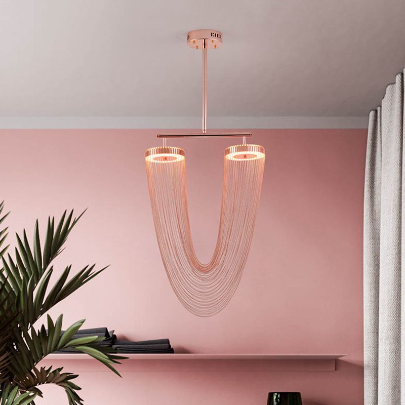 Rose Gold V Shaped Chain Fringe Pendant Modern Vogue Hand Braided Aluminum LED Hanging Ceiling Light for Loft House