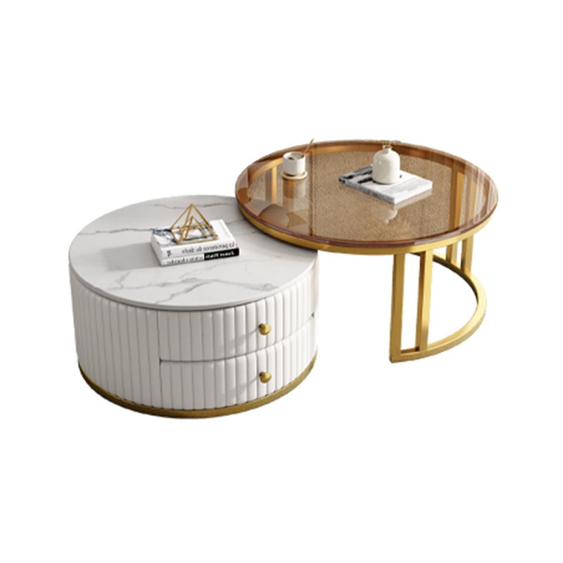 Modern Coffee Cocktail Table Round Glass / Slate Coffee Table with 2 Drawers