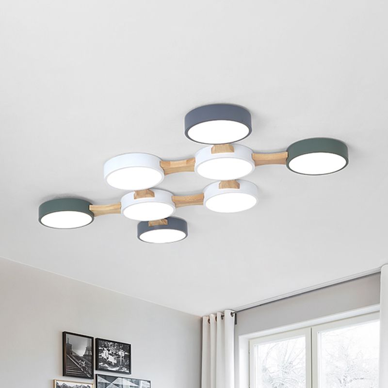 Ronde plafondlamp van hout en metaal, Scandinavisch 3/4/5-lichts grijs plafondverzonken plafond voor slaapkamer in warm/wit