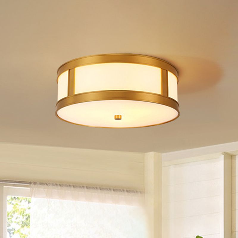 Lámpara de techo de latón en forma de tambor, vidrio esmerilado, lámpara dorada estadounidense