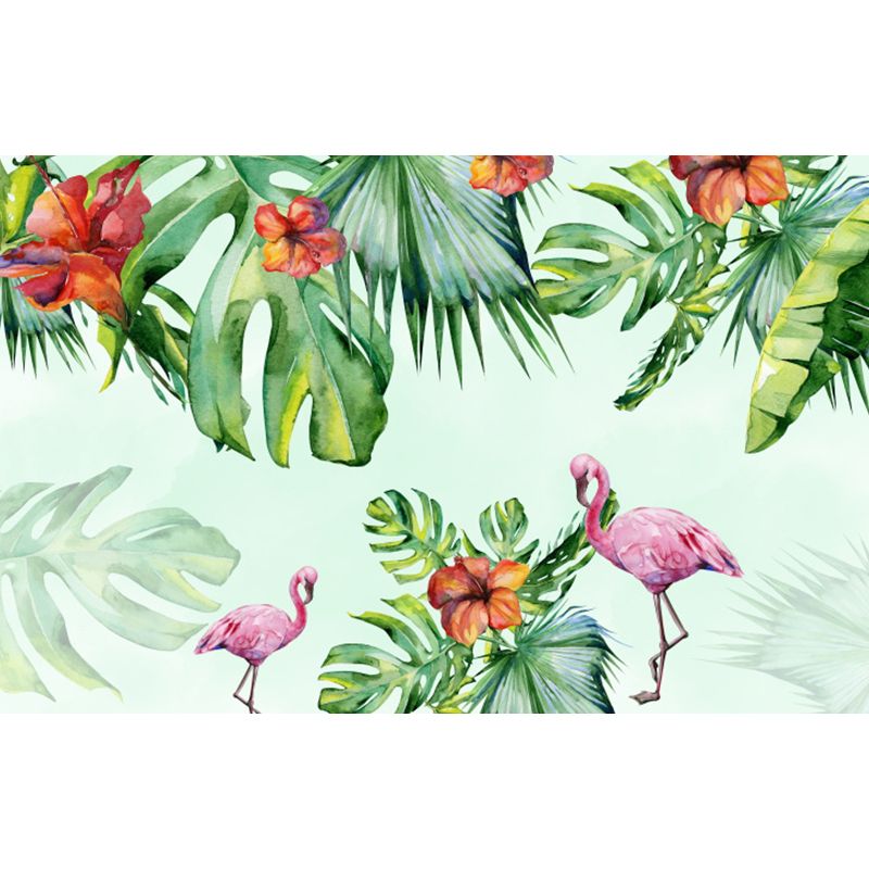 Green Flamingos and Flower Mural Wallpaper Moisture Resistant Wall Art for Dining Room