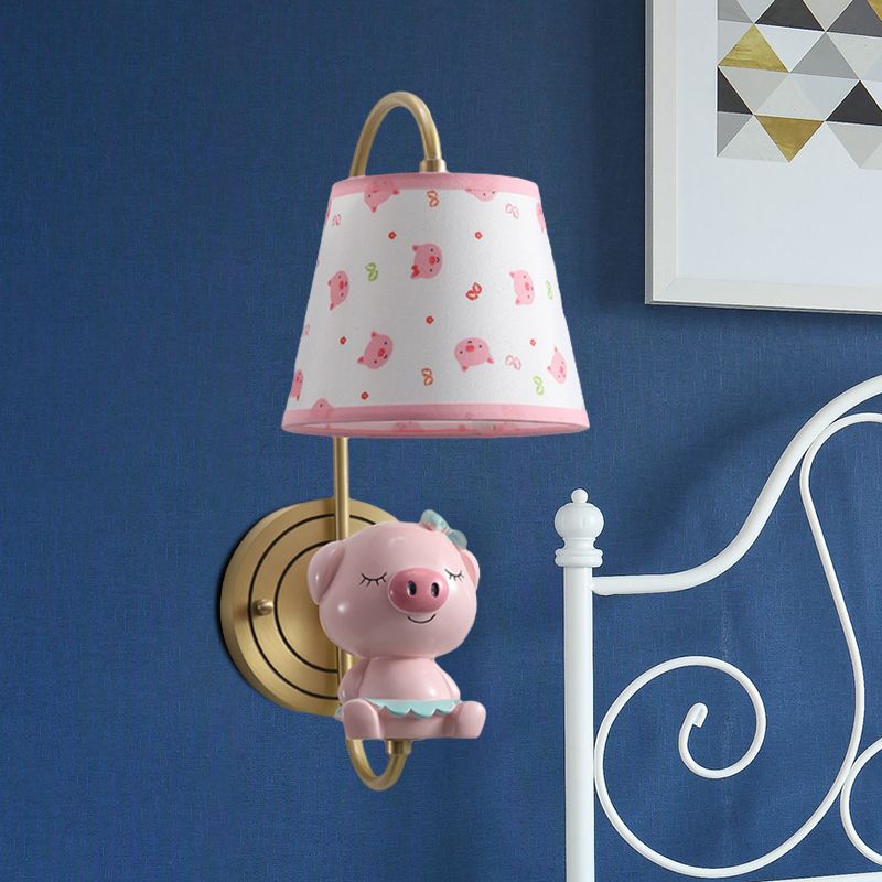 Barrel Applexion luminaire Kids Tissu Fabric Single Head Gold Wall Éclairage avec dessin animé cochon / souris / Dragon Decoration