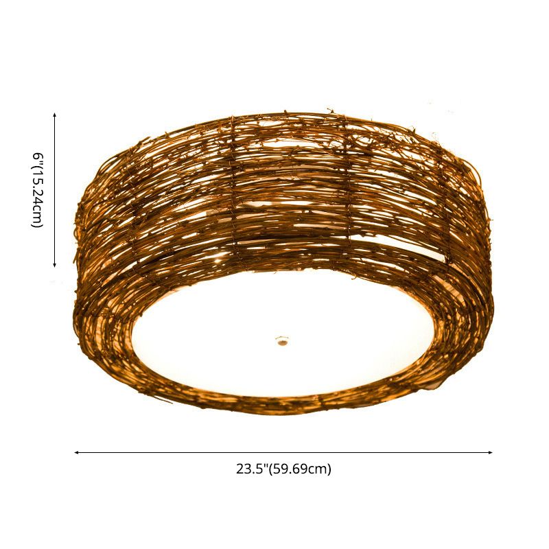 Rattan Rustic Flush Mount Ceiling Light Fixtures 1 Light Drum Flush Ceiling Light Fixture for Bedroom