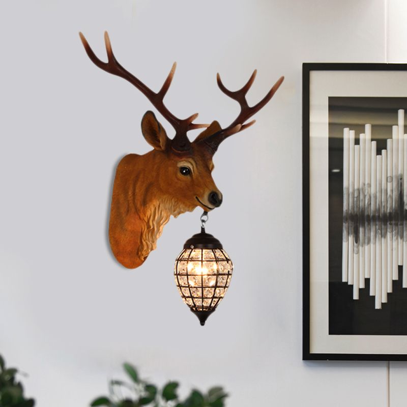 1 Kopfwandleuchten Beleuchtung rustikaler Elchharz -Wandlampe in Braun mit Kristall -Wasserdrop -Schatten, 14,5 "/20" W.