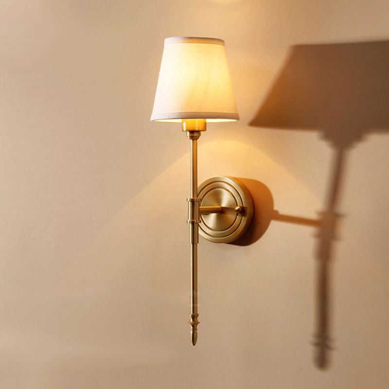 Tapered Bedroom Wall Light Kit Minimalist Fabric 1 Bulb Gold Wall Mount Reading Lamp with Pencil Arm