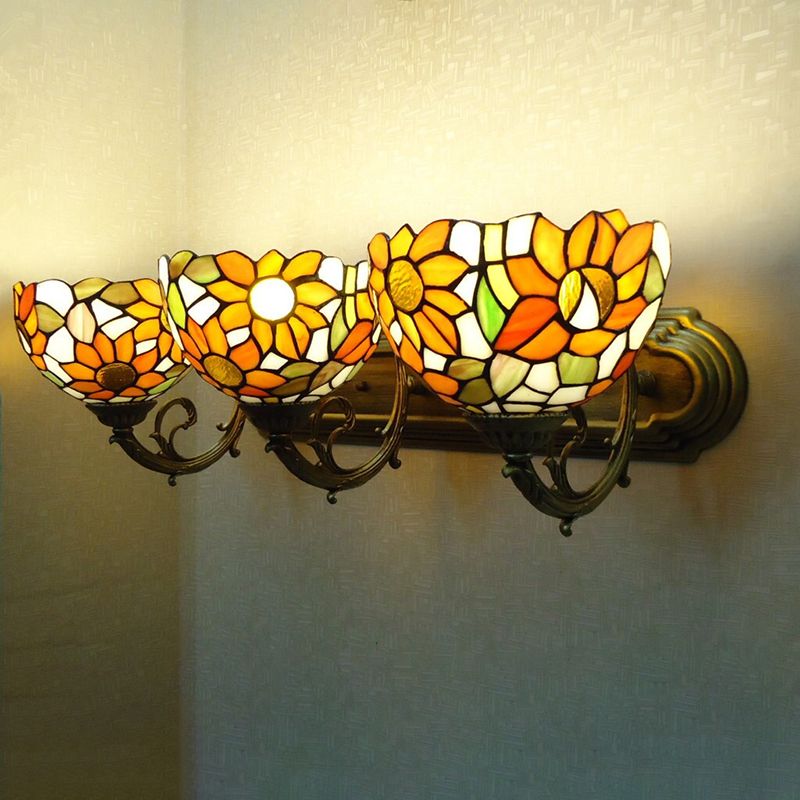 3-Light Bowl Sconce Light Victorian Yellow Hand Cut Glass Wall Lighting Fixture with Sunflower Pattern