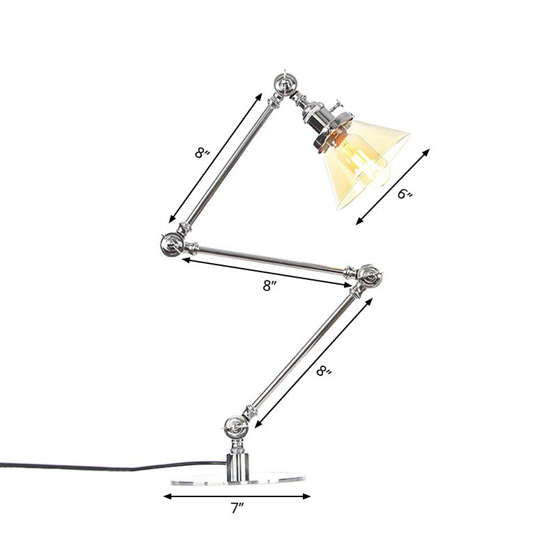 Table conique de style industriel clair Ambre / verre transparent et métal 1 lampe de table de chambre à coucher légère avec bras réglable en noir / laiton