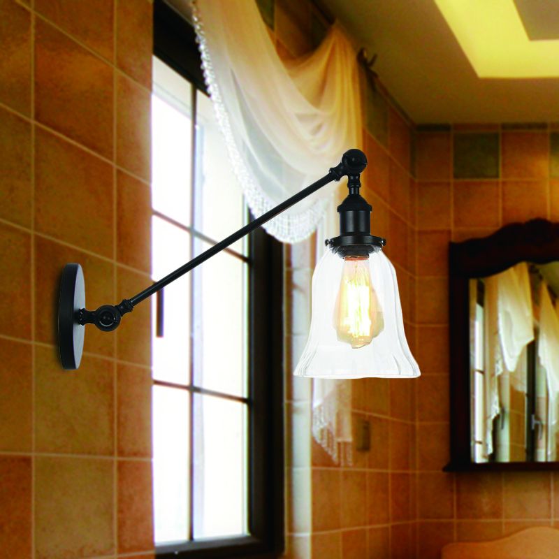 Black/Bronze/Brass 1 Light Wall Lighting Fixture Vintage Clear Glass Bell Sconce with Arm, 8"/12" Long
