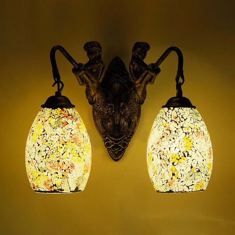 Mermaid Wall Mounted Lamp Mediterranean Hand Cut Glass 2 Lights White/Red/Yellow Sconce Light Fixture