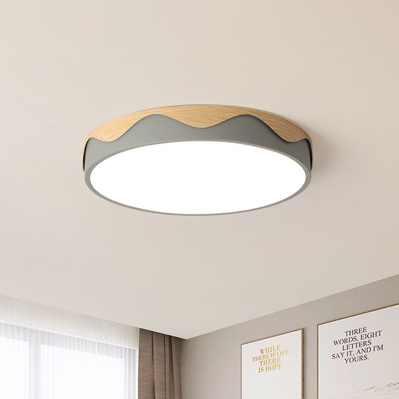 Rounded Thin Close to Ceiling Light Macaron Acrylic Grey/Green 16.5"/20.5" Wide LED Flush Mount Light with Wavy Edge, Warm/White Light