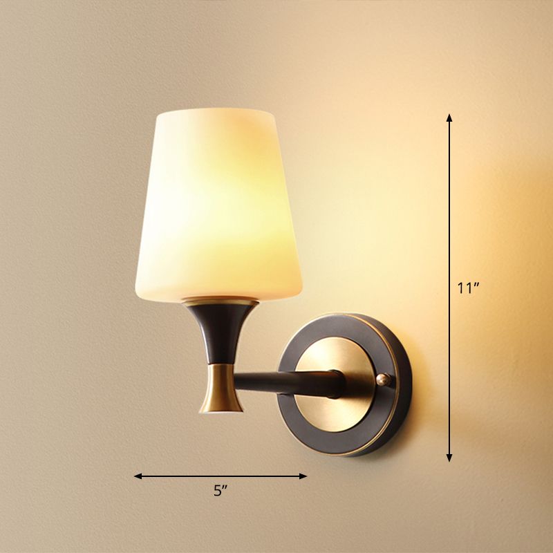 Conical White Glass Wall Lighting Minimalist 1 Bulb Bedside Sconce Fixture in Black and Brass