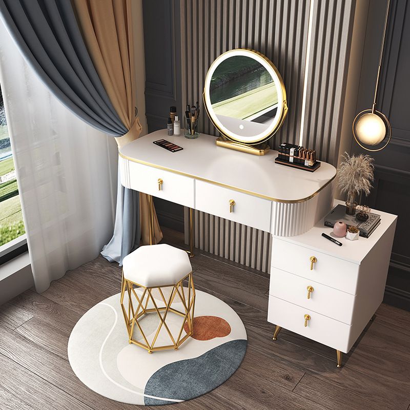 Glam Wood Frame Makeup Vanity Drawer Vanity Set in White for Bedroom